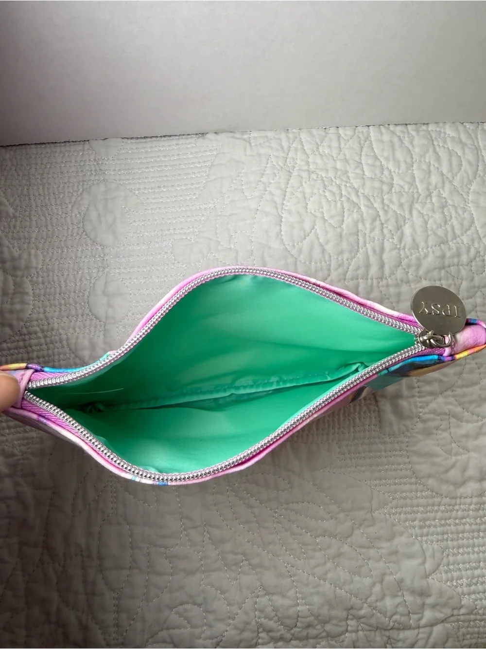 ipsy Pink Marble Cosmetic Pouch with Blue & Yellow Accents